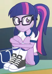 Size: 680x960 | Tagged: safe, artist:dm29, derpibooru import, sci-twi, twilight sparkle, equestria girls, bag, clothes, converse, cute, female, glasses, gym uniform, julian yeo is trying to murder us, ponytail, shoes, sitting, sneakers, solo, sports panties, twiabetes