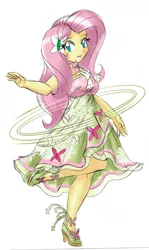 Size: 1834x3072 | Tagged: safe, artist:danmakuman, derpibooru import, fluttershy, equestria girls, clothes, costume, dress, legs, simple background, solo, white background