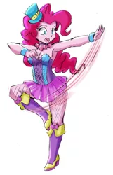 Size: 1909x2963 | Tagged: safe, artist:danmakuman, derpibooru import, pinkie pie, equestria girls, armpits, boots, bracelet, breasts, cleavage, clothes, costume, fall formal outfits, female, hat, high heel boots, jewelry, simple background, solo, top hat, white background