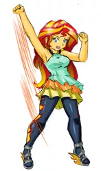 Size: 1759x2997 | Tagged: safe, artist:danmakuman, derpibooru import, sunset shimmer, equestria girls, armpits, breasts, busty sunset shimmer, clothes, costume, female, pantyhose, simple background, solo, white background