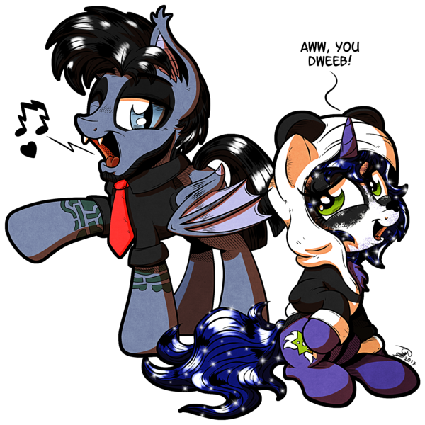 Size: 1792x1791 | Tagged: safe, artist:gray--day, artist:kinjareta, derpibooru import, oc, oc:asterisk, oc:gray day, unofficial characters only, bat pony, panda, pony, unicorn, billie joe armstrong, clothes, costume, green day, hoodie, music notes, singing