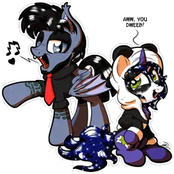 Size: 1792x1791 | Tagged: safe, artist:gray--day, artist:kinjareta, derpibooru import, oc, oc:asterisk, oc:gray day, unofficial characters only, bat pony, panda, pony, unicorn, billie joe armstrong, clothes, costume, green day, hoodie, music notes, singing