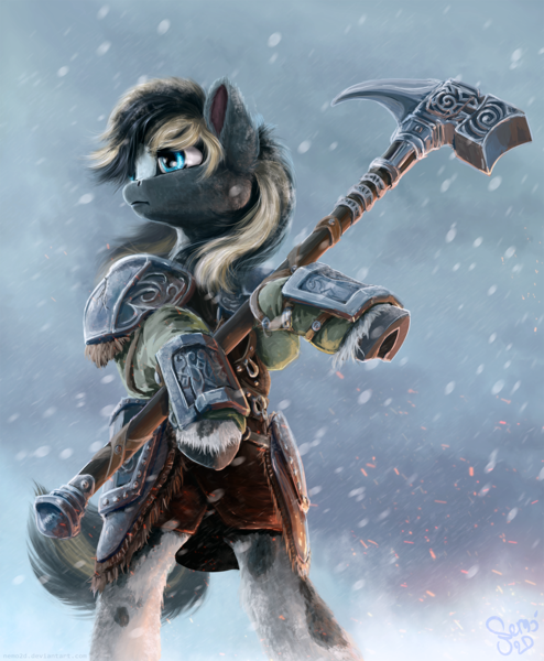 Size: 1235x1500 | Tagged: safe, artist:nemo2d, derpibooru import, oc, unofficial characters only, pony, armor, bipedal, commission, crossover, hammer, looking away, male, skyrim, snow, snowfall, solo, stallion, the elder scrolls, war hammer, weapon