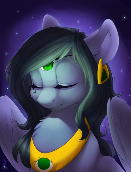 Size: 800x1050 | Tagged: safe, artist:silentwulv, derpibooru import, oc, oc:eigii, unofficial characters only, pegasus, pony, ear piercing, earring, eyes closed, female, jewelry, mare, night, piercing, solo, stars, third eye