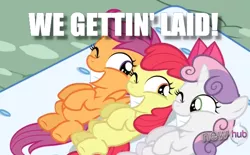Size: 548x339 | Tagged: suggestive, derpibooru import, edit, edited screencap, screencap, apple bloom, scootaloo, sweetie belle, earth pony, pegasus, pony, unicorn, one bad apple, all new, caption, cutie mark crusaders, female, filly, grin, hub logo, image macro, implied foalcon, implied sex, looking at each other, mattress, meme, on back, one eye closed, pun, smiling, text, the hub, wink