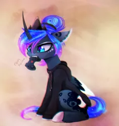 Size: 1539x1634 | Tagged: safe, artist:magnaluna, derpibooru import, princess luna, pony, gamer luna, alternate hairstyle, chromatic aberration, clothes, colored pupils, crown, curved horn, cute, ear fluff, fangs, galaxy mane, hair bun, hoodie, jewelry, lunabetes, nom, regalia, sitting, solo, sweater, video game