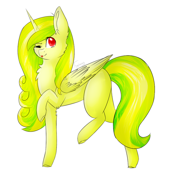 Size: 869x891 | Tagged: safe, artist:twinkepaint, derpibooru import, oc, oc:solar swirl, unofficial characters only, alicorn, pony, female, mare, one eye closed, raised hoof, simple background, solo, tongue out, white background, wink