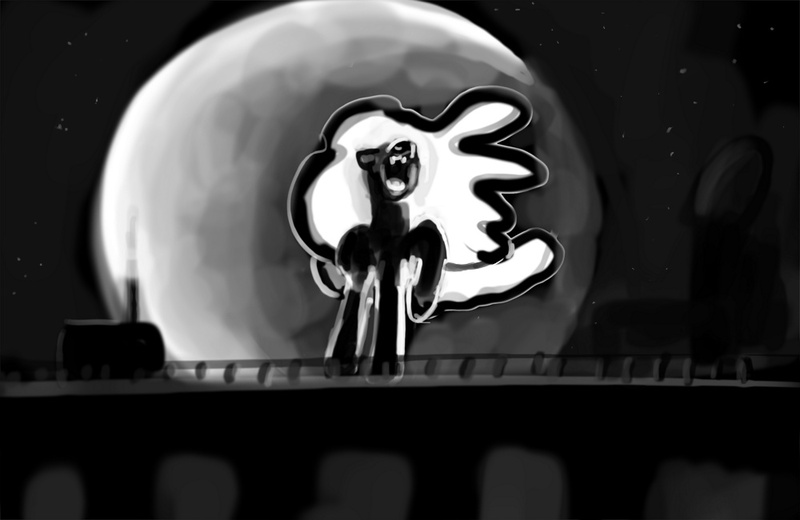 Size: 1000x650 | Tagged: safe, artist:xbi, derpibooru import, nightmare moon, pony, grayscale, laughing, monochrome, moon, night, solo