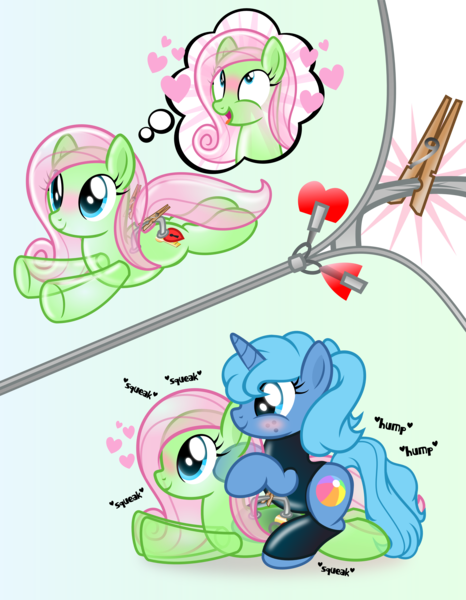 Size: 3293x4244 | Tagged: absurd resolution, ahegao, artist:nxzc88, bondage, clothes, clothespin, derpibooru import, femdom, fetish, handles, heart, humping, inflatable, inflatable fetish, inflatable pony, latex, lockable zipper, magical paralysis, magical restraints, oc, oc:ocean shores, oc:squeaky plaything, open mouth, original species, paralysis, paralyzed, pool toy, pooltoy pony, questionable, restrained, sequence, sex, shipping, squeak, swimsuit, thought bubble, translucent, unofficial characters only