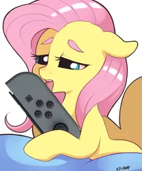 Size: 899x1080 | Tagged: suggestive, artist:antelon, artist:kinkypinkie, derpibooru import, edit, fluttershy, bedroom eyes, explicit source, floppy ears, joycon, licking, nintendo, nintendo switch, not porn, offscreen character, simple background, tongue out, white background
