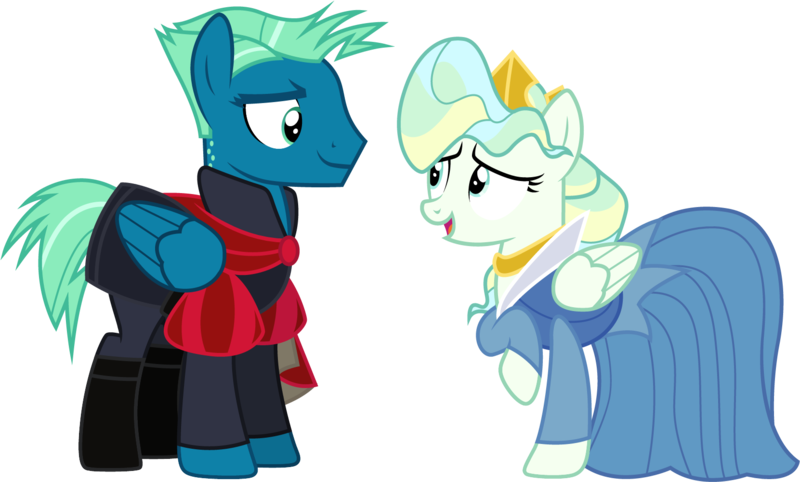 Size: 1661x1001 | Tagged: safe, artist:cloudyglow, derpibooru import, sky stinger, vapor trail, top bolt, clothes, clothes swap, cosplay, costume, crossover, crown, disney, dress, jewelry, looking at each other, male, open mouth, princess aurora, raised hoof, regalia, shipping, simple background, sleeping beauty, smiling, straight, transparent background, vaporsky, vector