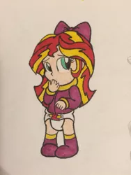 Size: 400x533 | Tagged: safe, artist:crystal2riolu, derpibooru import, sunset shimmer, equestria girls, baby, babyset shimmer, bow, cute, diaper, hnnng, shimmerbetes, solo, traditional art, younger