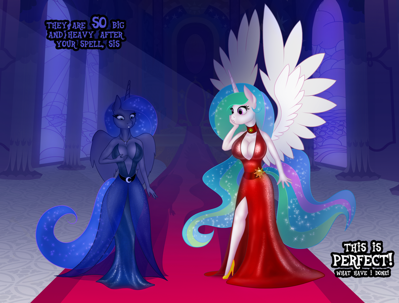 Size: 2300x1750 | Tagged: alicorn, anthro, artist:eqamrd, big breasts, breasts, busty princess celestia, busty princess luna, canterlot castle, cleavage, clothes, derpibooru import, dress, female, high heels, implied breast expansion, magic, princess celestia, princess luna, side slit, spread wings, suggestive, text, unguligrade anthro, wingboner