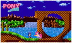 Size: 500x300 | Tagged: animated, artist:badgerspaceman, crossover, derpibooru import, gif, green hill zone, looping, pinkie pie, pixel art, rubber chicken, safe, sonic the hedgehog, sonic the hedgehog (series)