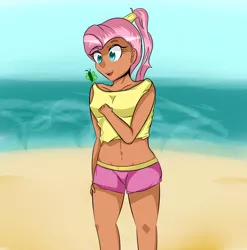 Size: 1800x1823 | Tagged: artist:marshbreeze, beach, belly button, derpibooru import, fluttershy, human, humanized, midriff, safe, solo