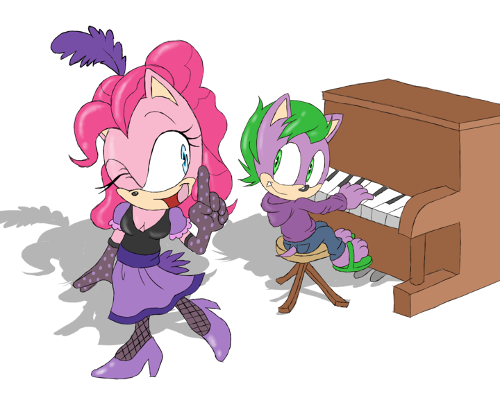 Size: 6000x5000 | Tagged: absurd resolution, anthro, artist:atomiclance, crossover, dead source, derpibooru import, over a barrel, paws, piano, pinkie pie, safe, saloon dress, saloon pinkie, sandals, simple background, sonicified, sonic the hedgehog (series), spike, transparent background, you gotta share