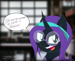 Size: 4437x3571 | Tagged: safe, derpibooru import, oc, oc:nyx, unofficial characters only, alicorn, pony, absurd resolution, alicorn oc, clothes, dialogue, female, glasses, open mouth, reincarnation, signature, solo, speech bubble, vulgar