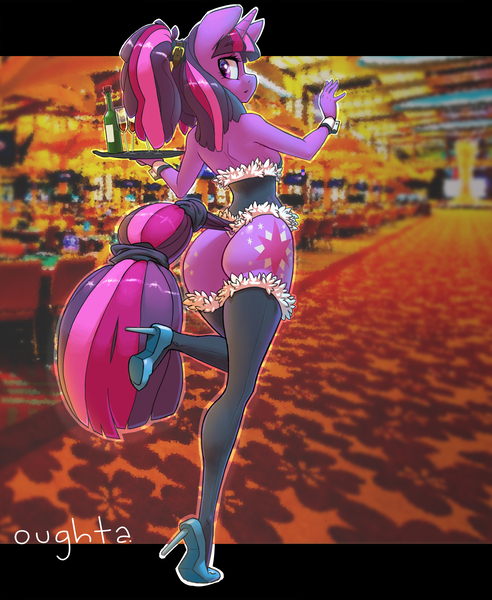 Size: 1806x2202 | Tagged: suggestive, artist:oughta, derpibooru import, twilight sparkle, anthro, plantigrade anthro, unicorn, :o, alcohol, alternate hairstyle, ass, both cutie marks, breasts, casino, clothes, cufflinks, cuffs (clothes), cutie mark, female, full body, high heels, leotard, looking at you, looking back, open mouth, ponytail, public, sideboob, socks, solo, solo female, tail wrap, thigh highs, thong leotard, twibutt, waitress, wine