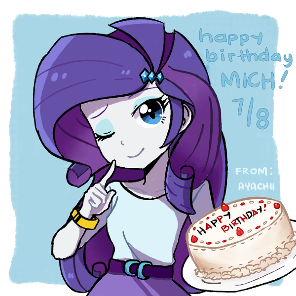 Size: 1024x1024 | Tagged: safe, artist:ayachiichan, derpibooru import, rarity, equestria girls, birthday cake, cake, food, one eye closed, solo, wink