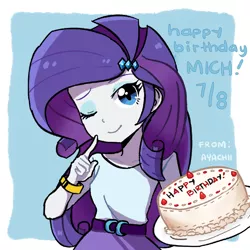 Size: 1024x1024 | Tagged: safe, artist:ayachiichan, derpibooru import, rarity, equestria girls, birthday cake, cake, food, one eye closed, solo, wink