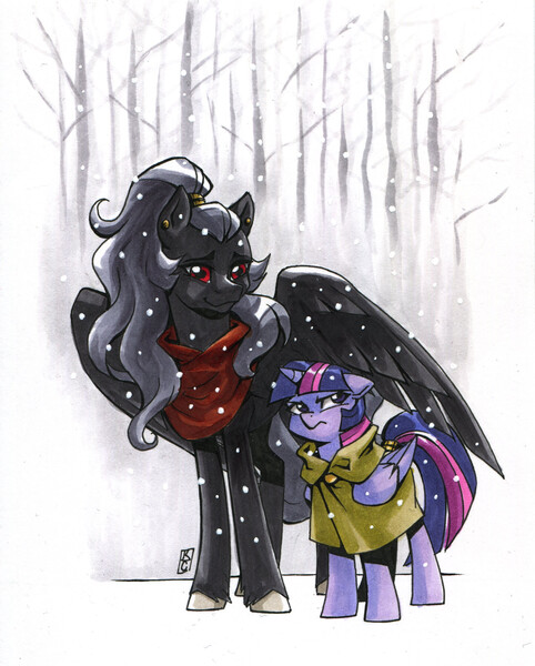 Size: 2544x3168 | Tagged: safe, artist:valkyrie-girl, derpibooru import, twilight sparkle, twilight sparkle (alicorn), oc, oc:princess raven, alicorn, pony, cloak, clothes, size difference, snow, traditional art, unamused