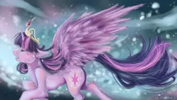 Size: 1920x1080 | Tagged: safe, artist:dream--chan, derpibooru import, twilight sparkle, twilight sparkle (alicorn), alicorn, pony, celestial plane, crying, element of magic, eyes closed, floppy ears, fluffy, immortality blues, open mouth, running, sad, solo, spread wings