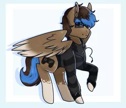 Size: 1024x878 | Tagged: safe, artist:mimisaurusrex, derpibooru import, oc, oc:playthrough, unofficial characters only, pegasus, pony, clothes, glasses, hoodie, male, nerd, simple background, solo, spread wings, stallion, standing, wings