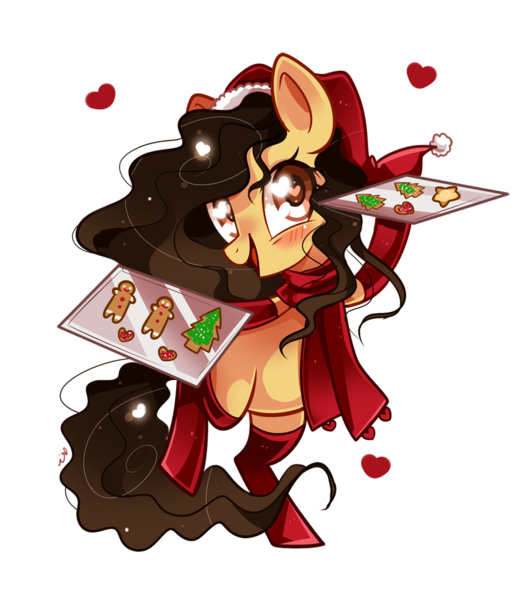 Size: 900x1028 | Tagged: safe, artist:ipun, derpibooru import, oc, oc:terra, unofficial characters only, pony, chibi, clothes, cookie, female, food, gingerbread man, hat, heart eyes, mare, santa hat, scarf, simple background, socks, solo, transparent background, tray, wingding eyes