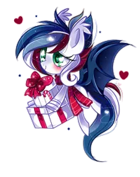 Size: 800x1014 | Tagged: safe, artist:ipun, derpibooru import, oc, oc:strike burst, unofficial characters only, bat pony, pony, clothes, female, heart eyes, mare, present, scarf, simple background, solo, transparent background, wingding eyes