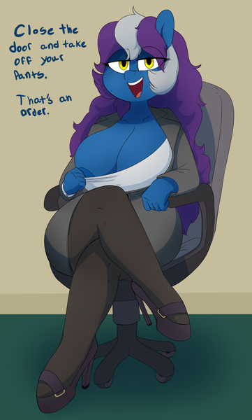 Size: 880x1462 | Tagged: questionable, artist:whydomenhavenipples, derpibooru import, oc, oc:violet skies, unofficial characters only, anthro, earth pony, unguligrade anthro, anthro oc, bedroom eyes, big breasts, breasts, chair, cleavage, clothes, crossed legs, dialogue, female, gift art, high heels, imminent sex, inviting, looking at you, nipples, nudity, offscreen character, open mouth, sitting, smiling, solo, solo female, undressing