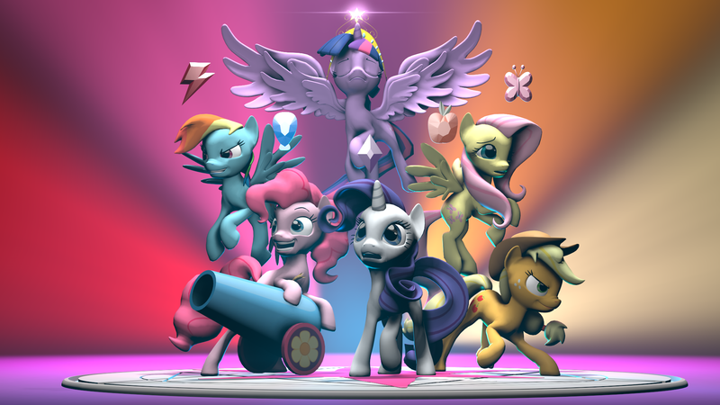 Size: 2000x1125 | Tagged: safe, artist:vinuldash, derpibooru import, applejack, fluttershy, pinkie pie, rainbow dash, rarity, twilight sparkle, twilight sparkle (alicorn), alicorn, pony, 3d, big crown thingy, element of generosity, element of honesty, element of kindness, element of laughter, element of loyalty, element of magic, elements of harmony, flying, jewelry, mane six, party cannon, regalia