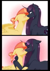 Size: 4800x6833 | Tagged: safe, artist:lavasokawaii, derpibooru import, oc, oc:amateur play, oc:heartfelt, unofficial characters only, pegasus, pony, unicorn, absurd resolution, blushing, eyes closed, femboy, floppy ears, gay, kissing, male, shipping, simple background, spread wings, story in the source, unshorn fetlocks