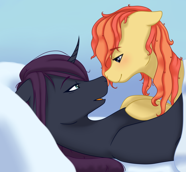 Size: 2169x2006 | Tagged: artist:lavasokawaii, bed, blushing, cuddling, derpibooru import, floppy ears, gay, male, messy mane, oc, oc:amateur play, oc:heartfelt, shipping, snuggling, suggestive, unofficial characters only