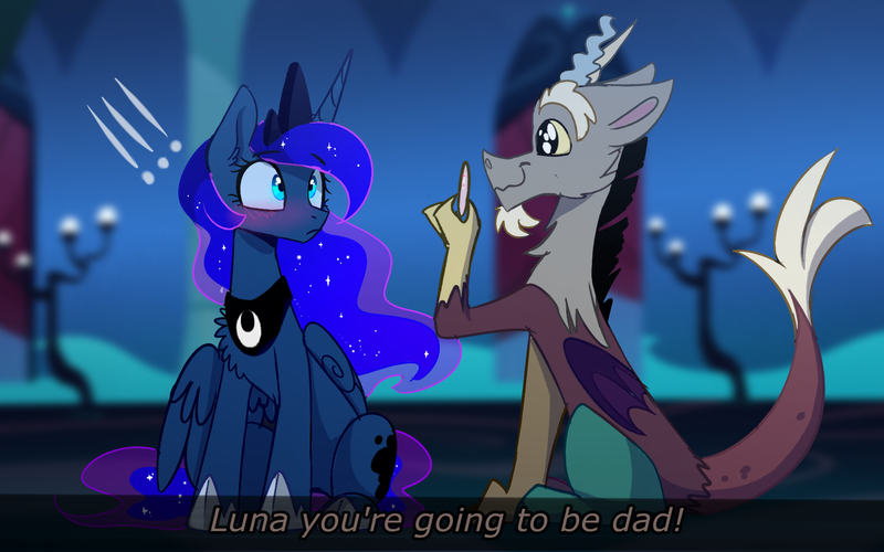 Size: 1780x1112 | Tagged: safe, artist:elementalokami, derpibooru import, discord, princess luna, castle, crown, dialogue, exclamation point, happy, image, implied magical straight spawn, jewelry, lunacord, male, male pregnancy, png, precord, pregcord, pregnancy test, pregnant, regalia, shipping, sitting, smiling, straight, surprised, unexpected, wavy mouth