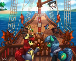 Size: 1500x1200 | Tagged: safe, artist:confetticakez, derpibooru import, oc, oc:starry night, oc:sunny day, unofficial characters only, dragon, earth pony, pegasus, pony, unicorn, cannon, cannonball, female, male, mare, ocean, pirate, pirate ship, stallion