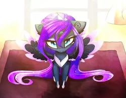 Size: 2480x1928 | Tagged: safe, artist:magnaluna, derpibooru import, princess luna, pony, alternate hairstyle, chest fluff, chibi, colored wings, colored wingtips, cute, female, floppy ears, galaxy mane, grumpy, looking at you, looking up, lunabetes, mare, not nyx, solo, spread wings