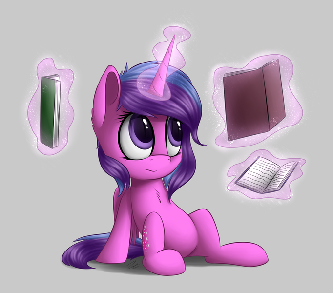 Size: 2335x2055 | Tagged: safe, artist:deltauraart, derpibooru import, oc, oc:melody aurora, unofficial characters only, alicorn, pony, unicorn, alicorn oc, book, chest fluff, ear fluff, female, gray background, levitation, magic, mare, offspring, parent:flash sentry, parent:twilight sparkle, parents:flashlight, simple background, sitting, solo, telekinesis