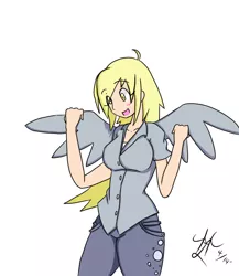 Size: 825x950 | Tagged: artist:yoichi-hayabusa, blushing, derpibooru import, derpy hooves, human, humanized, open mouth, safe, simple background, smiling, solo, spread wings, white background, winged humanization, wings