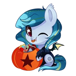Size: 1000x1000 | Tagged: safe, artist:hikariviny, derpibooru import, oc, oc:dream catcher, unofficial characters only, bat pony, pony, chibi, female, halloween, holiday, jack-o-lantern, mare, pumpkin, simple background, solo, starry eyes, tongue out, transparent background, wingding eyes