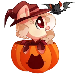 Size: 1000x1000 | Tagged: safe, artist:hikariviny, derpibooru import, oc, oc:selena, unofficial characters only, bat, bat pony, pony, chibi, female, halloween, hat, holiday, jack-o-lantern, mare, pumpkin, simple background, solo, transparent background, witch hat