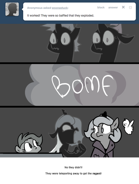 Size: 666x879 | Tagged: artist:egophiliac, ask, cartographer's bathtub, changeling, changeling oc, changeling queen, changeling queen oc, confused, derpibooru import, female, filly, grayscale, marauder's mantle, monochrome, moon roc, moonstuck, oc, oc:danger mcsteele, oc:imogen, oc:pebbl, oc:pharate, oc:tumbler, princess luna, safe, sea pony, teleportation, tumblr, woona, yelling, younger