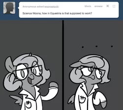 Size: 666x594 | Tagged: safe, artist:egophiliac, derpibooru import, princess luna, moonstuck, ..., ask, clothes, filly, glasses, grayscale, lab coat, monochrome, science woona, solo, tumblr, woona, younger