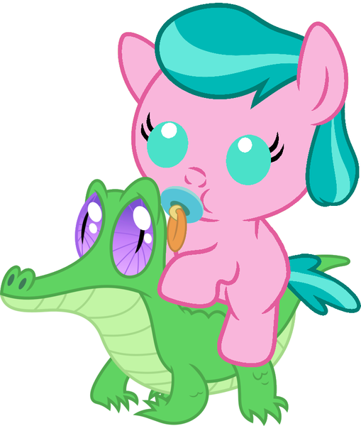 Size: 786x927 | Tagged: safe, artist:red4567, derpibooru import, aquamarine, gummy, pony, baby, baby pony, cute, pacifier, ponies riding gators, riding, weapons-grade cute