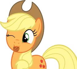 Size: 11729x10544 | Tagged: safe, artist:cyanlightning, derpibooru import, applejack, pony, the cart before the ponies, .svg available, :3, absurd resolution, cookie, food, hat, mouth hold, nom, one eye closed, simple background, solo, transparent background, vector, wink