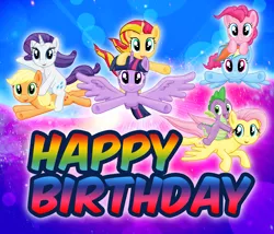 Size: 2555x2187 | Tagged: safe, artist:majkashinoda626, derpibooru import, applejack, fluttershy, pinkie pie, rainbow dash, rarity, spike, sunset shimmer, twilight sparkle, twilight sparkle (alicorn), alicorn, pony, birthday, happy birthday, looking at you, mane seven, mane six, smiling