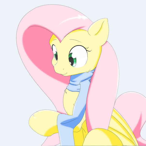 Size: 2391x2380 | Tagged: artist:ando, clothes, derpibooru import, fluttershy, looking at something, looking down, raised hoof, safe, scarf, simple background, sitting, solo, white background