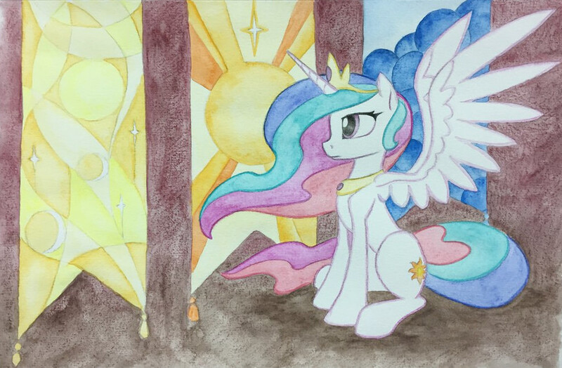 Size: 968x634 | Tagged: safe, artist:grokostimpy, derpibooru import, princess celestia, alicorn, pony, banner, cropped, jewelry, looking away, profile, regalia, sitting, solo, spread wings, traditional art, watercolor painting, wings