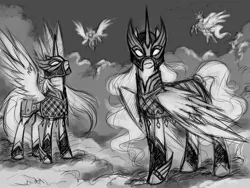 Size: 2000x1500 | Tagged: safe, artist:valkyrie-girl, derpibooru import, oc, unofficial characters only, pegasus, pony, armor, cloud, grayscale, monochrome, valkyria, valkyrie