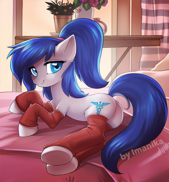 Size: 761x819 | Tagged: safe, artist:imanika, derpibooru import, oc, oc:rescue pony, unofficial characters only, earth pony, pony, bed, blue hair, caduceus, female, leg warmers, looking at you, lying down, mare, plot, smiling, solo, underhoof