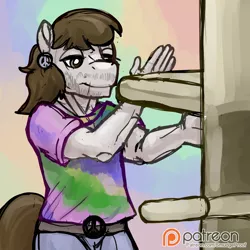 Size: 1500x1500 | Tagged: anthro, artist:smudge proof, clothes, derpibooru import, male, mook jong, oc, oc:wayward pony, patreon, patreon logo, peace symbol, safe, sketch, solo, stallion, tie dye, unofficial characters only, wing chun